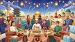 © KomsyahDisplay - Intercultural communal feast gathering depicted as diverse people sharing a large meal together under decorative lights during evening hours.