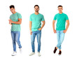 © New Africa - Three men in turquoise t-shirts on white background