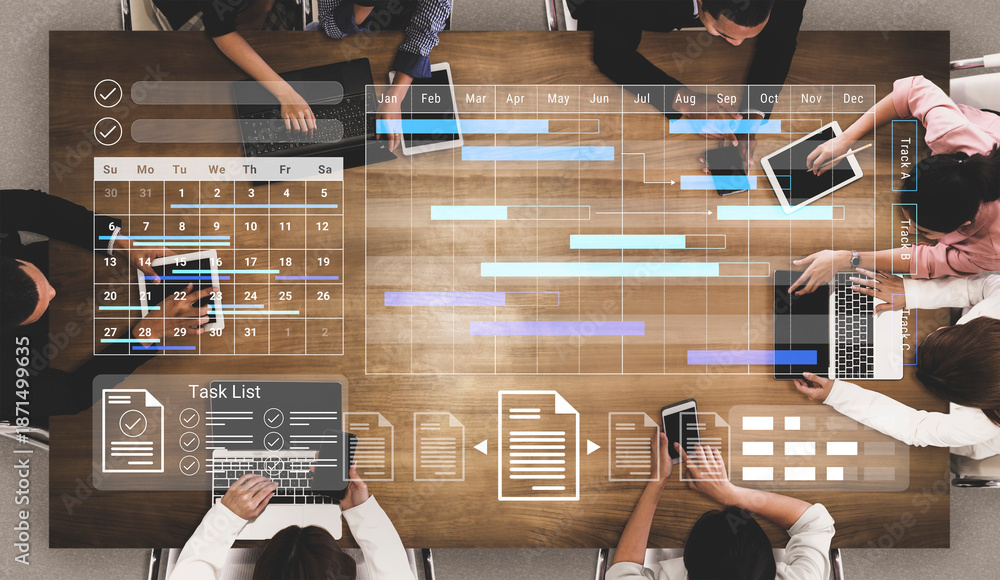 A modern workspace featuring a collaborative team meeting with digital ...
