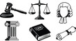 © OKAN - Flat design legal icon set close up gavel scales pillar judge wig law book diploma isolated vector art for legal branding editorial use monochrome simple bold