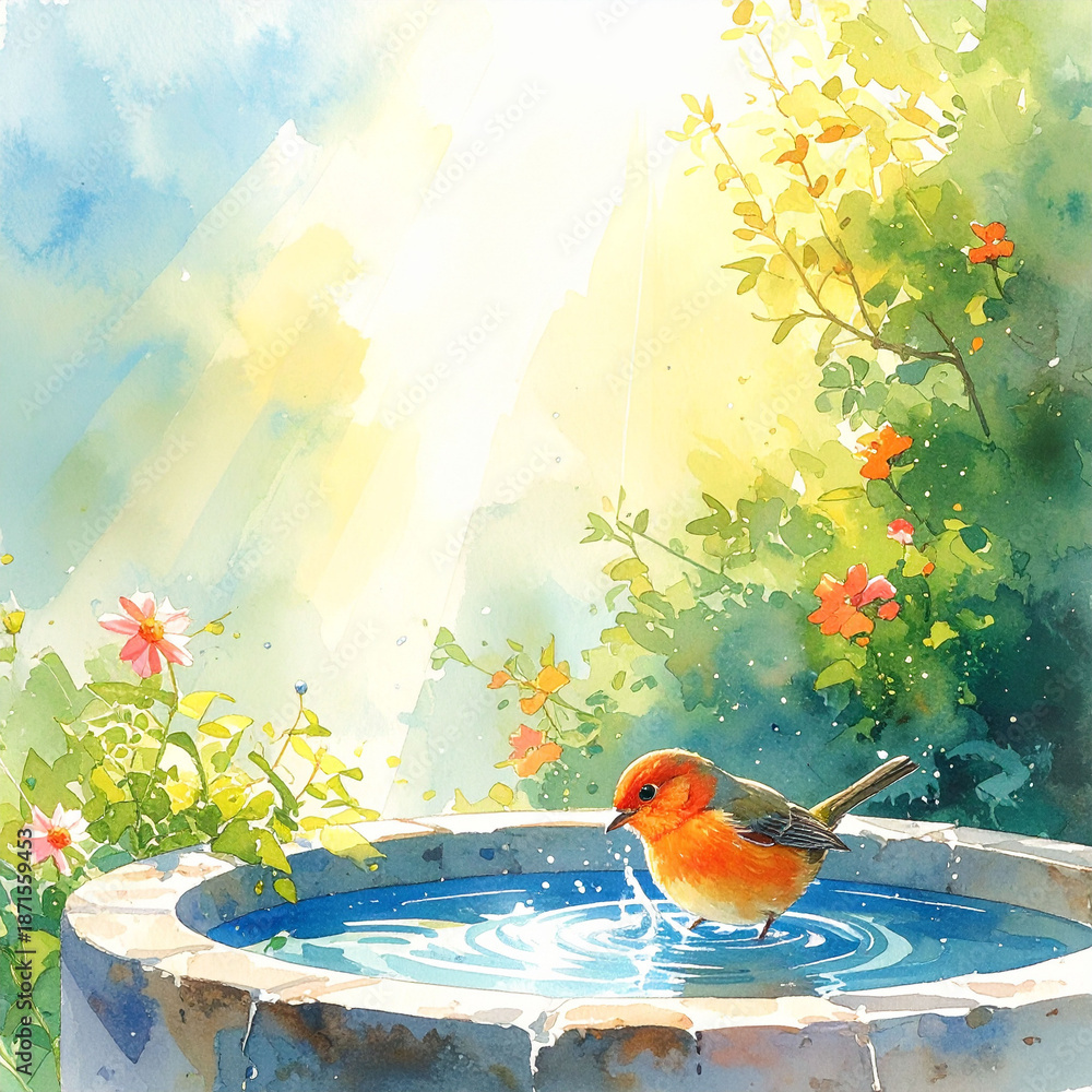 水盤で水浴びをする小鳥の美しい水彩画風イラスト 庭の背景素材 Stock
