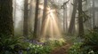 © 1St TH - Sun Rays Breaking Through The Misty Canopy Of An Ancient Mossy Forest Onto A Vibrant Field Of Purple And White Wildflowers At Early Dawn