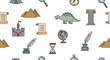 © Iin - Seamless pattern with historical and educational icons like pyramids, castles, dinosaurs, globes, and quills on a white background.