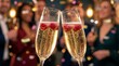 © Bounpaseuth - Cheers to Celebration: Two champagne flutes clink together, the bubbling liquid inside adorned with fresh raspberries, against a blurred backdrop of joyous faces and festive confetti.