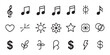 © MDABDUR - Set of music notes hearts stars sun and lightning bolt icons