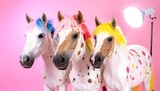Colorful ponies pose against a pink background