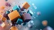 © Tara - Dynamic Composition of Floating Cubes and Spheres Against a Gradient Background.