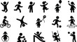 © VectoBloom - Kids activity silhouette icon set, children playing sports games playground actions, black vector pictogram collection isolated