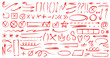 © Vector Tradition - Hand drawn doodle red crayon pencil lines, chalk and brush stroke vector elements. Arrows, abstract shapes and scribbles, check mark, star, emphasis and underline, heart, crown red crayon sketches