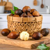 Tropical salak snake fruit in a woven bamboo basket, with some scattered on a wooden board and a peeled piece, set in a bright kitchen.