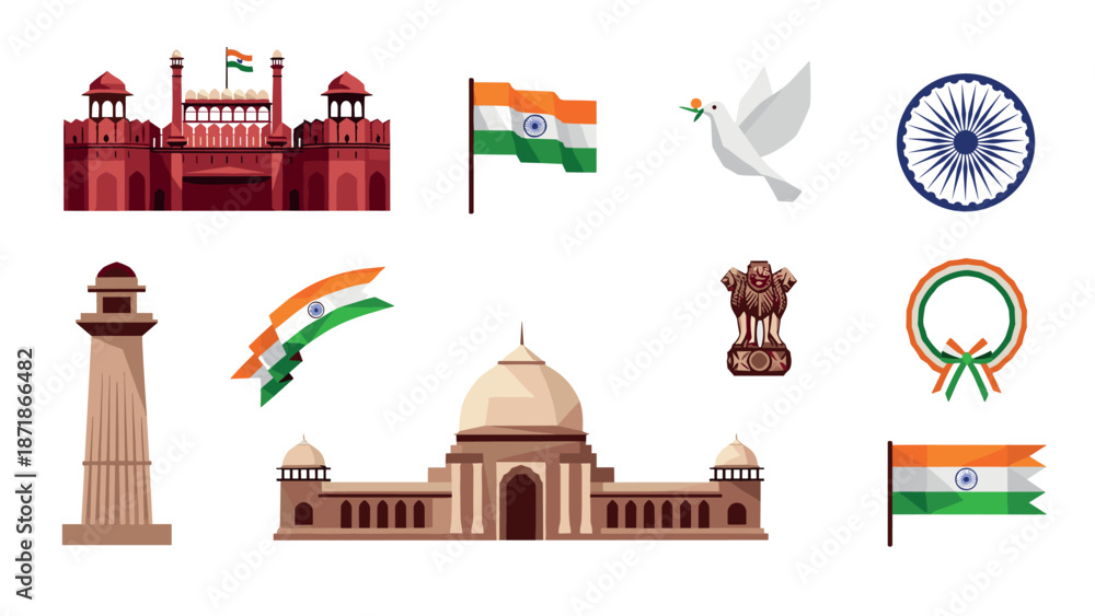 Indian symbols: red fort, lotus temple, national flag, and more icon set