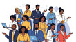 © Waqar - Diverse group of business professionals with laptops standing together in a collaborative work environment with a mix of casual and formal attire