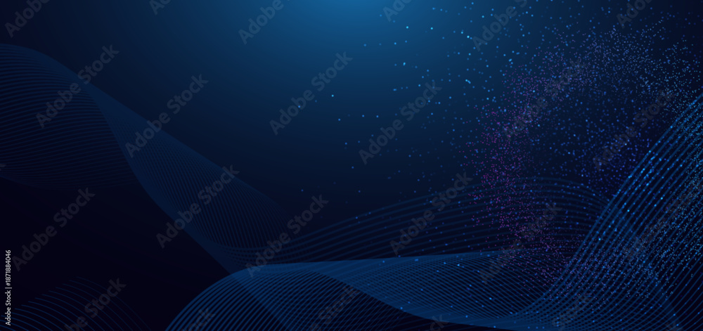 Abstract dotted glowing with wave lines on dark blue backround. Sciene background concept.