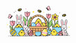 © Agung - Whimsical Easter scene with bunnies, chicks, colorful eggs, tulips, daffodils, and busy bees