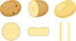 © Mostafijur - Whole and sliced potatoes set, vegetable illustration showing cuts, slices, sticks, and cross-sections for food and cooking designs
