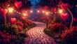 © INDOGRAPHIC - Romantic garden pathway with heart balloons and lanterns at night