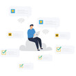 © kashifiqbal - Flat vector style illustration of support specialist communicating task checklist remotely using headset and wireless internet connection stock illustration