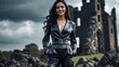 © Bernd Schmidt - Smiling dark haired woman in a shiny black leather blazer and pants poses confidently within dark castle ruins under clouds generative AI