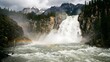 © Darmanto - A large, powerful waterfall plunges over cliffs, surrounded by mountains and dense forests, with a vibrant rainbow in mist, highlighting nature's grandeur