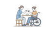 © Andi - A caregiver is feeding a person in a wheelchair at a table, illustrating care and assistance.