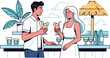 © al - Create a Man and woman standing in a beach bar and drinking cocktails vector art with white background..