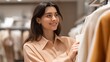 © liliyabatyrova - Woman radiates joy as she carefully inspects stylish outfits in an inviting fashion store. Surrounded by beautiful garments, she enjoys the experience of shopping