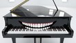 © 511 - A black grand piano with a large, wide, grinning mouth design on its front, featuring glossy black wood and white piano keys.