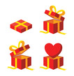 © MOST AKTER - Set of four isometric gift box illustrations festive red presents with yellow ribbons