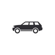 © r2dpr - Black silhouette icon of a side-view SUV with four windows and two wheels. Represents transportation, travel, automotive design, and vehicle-related services. UI elements, signage, infographics.