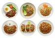 © Turid - Five exquisitely presented Asian fusion dishes: Pad Thai, tacos, and Korean beef, on a transparent studio background with copy space, top-down flat lay. Culinary diversity and gourmet elegance