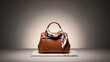 © Ai World - Elegant leather handbag with silk scarf displayed on marble pedestal