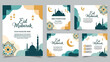 © NanzZ - A collection of Eid Mubarak editable social media posts and banners with Islamic geometric patterns and mosque silhouettes on a colorful background.