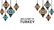 © Ali - Welcome to Turkey greeting card featuring a decorative border of hanging colorful traditional mosaic glass lanterns with patterns.