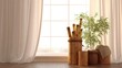 © Sergey - Bamboo items arranged near a bright window with soft curtains, airy minimal scene, calm eco lifestyle mood, wide empty space for headline text