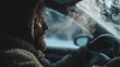 © Sergey - car starting attempt in minus 30 degrees, driver breath visible inside cabin, realistic lifestyle photography, emotional winter mood