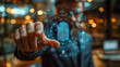 © Андрей Бойко - A businessman reaches toward a futuristic holographic interface displaying a glowing fingerprint, symbolizing biometric security, digital identity verification, and advanced cybersecurity technology