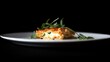 © SilentSmog - Photo of lasagna with cheese and arugula on a white plate, against a black background, with cinematic lighting, food photography captured using a Nikon D850 DSLR, high quality.