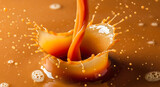 A mesmerizing closeup captures the dynamic moment of coffee being poured, creating a captivating splash with droplets suspended in midair, showcasing the rich, warm tones and inviting aroma of the bev