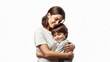 © Donnangelo - A woman tenderly hugging a young boy on a plain white background