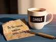 © Nusrat - Inspirational note and pen with coffee cup on blue table
