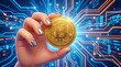 © illustratica - Woman's hand holding a golden bitcoin against a futuristic digital circuit board background
