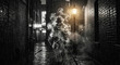 © sxcd - Noir Detective Silhouette Dissolving into Smoke in Rainy Alley