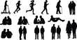 © Rima - Human interaction and activity silhouette set, walking, sitting, standing poses, black and white design, social behavior illustration