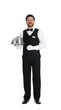© New Africa - Smiling waiter in gloves with tray and lid on white background