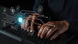 © InfiniteFlow - Hands Typing on Laptop with Digital AI Interface and Technology Icons Representing Innovation, Data Analysis, and Future Trends in Modern Computing Gluon.