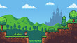 © marruu - Pixel art game level with a boy walking on platforms towards a distant castle. Retro video game background for adventure and fantasy gaming.