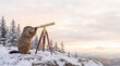 © Juliaap - Marmot peers through an old brass telescope at a distant snowy mountain sunrise, blending wildlife curiosity and playful exploration with winter landscape inspiration and discovery