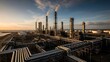© Dzikri Design - Large industrial refinery complex with pipelines and smokestacks at dusk