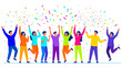 © balma - 紙吹雪でカラフルな仲間がガッツポーズでわいわい喜び達成を祝う色鮮やかな人々がバンザイする喜び