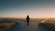 © Broccolini - Minimalist conceptual photography of a silhouette standing at a forked road during a misty sunrise, representing decision-making, new beginnings, and the journey of life